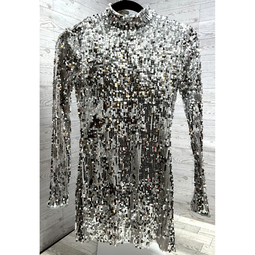 Balera Dance Costume Adult Small SA Silver Sequin Long Sleeve Dress Leotard